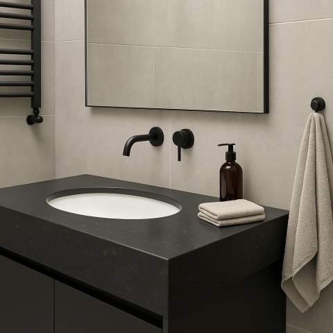 Nowoczesna łazienka z blatem i ścianą z konglomeratu City Dark, lustro, umywalka, jasna ceramika