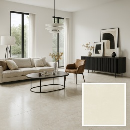 Jasny, przestronny salon z podłogą z konglomeratu City White, dużymi oknami i nowoczesnym wystrojem wnętrza