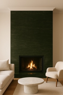 Salon z kominkiem wykończonym konglomeratem Santamargherita Dark Moss o ciemnej, eleganckiej tonacji.