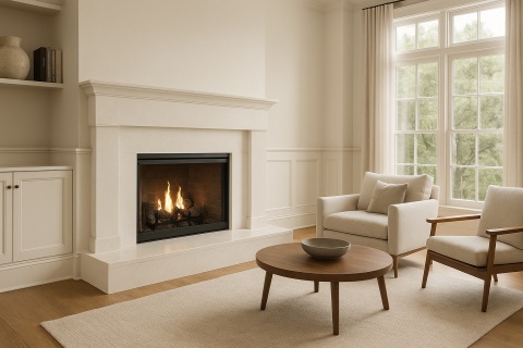 Jasna kuchnia z wyspą, blat z konglomeratu Heaven White, przestrzenne wnętrze w stylu modern classic.