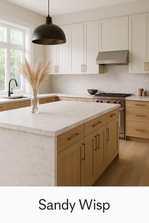 Nowoczesny salon z jasnymi meblami i wyspą kuchenną z blatem z konglomeratu Santamargherita Sandy Wisp