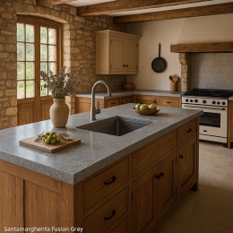 Wizualizacja kuchni w stylu rustykalnym z blatami z konglomeratu Santamargherita Fusion Grey