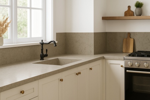 Nowoczesna kuchnia z wyspą wykończoną konglomeratem Santamargherita Fusion Taupe w odcieniu ciepłego taupe.