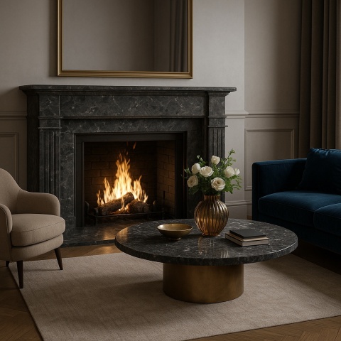 Salon glamour z kominkiem i stolikiem wykończonym marmurem Grigio Carnico