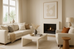 Salon z jasnymi sofami, dużą ilością poduszek, stolikiem, parapetami i kominkiem ze spieku Santamargherita Istria.