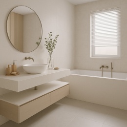 Minimalistyczna łazienka z blatem i obudową wanny ze spieku Santamargherita Istria, jasne płytki, naturalne dodatki.