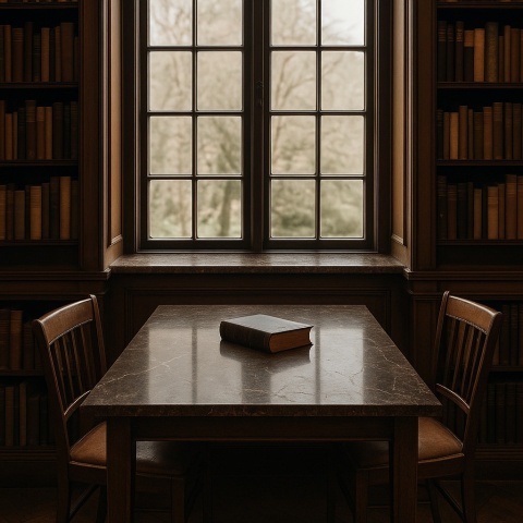 Zabytkowa biblioteka z dużym stołem z konglomeratu Santamargherita Libeccio i klasycznym oknem w tle.