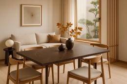 Minimalistyczne wnętrze w stylu japandi z dopasowanymi dodatkami i stołem z konglomeratu Santamargherita Libeccio.