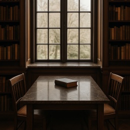 Zabytkowa biblioteka z dużym stołem z konglomeratu Santamargherita Libeccio i klasycznym oknem w tle
