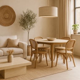 Jasne wnętrze salonu z jadalnią w stylu naturalnym z konglomeratem Light Wafer na stole i stoliku kawowym.