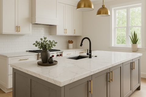 Nowoczesna kuchnia z jasnym blatem z konglomeratu Santamargherita Lyskamm i eleganckimi dodatkami