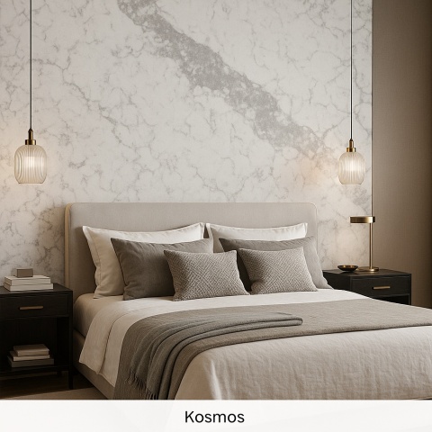 Elegancka sypialnia z dekoracyjną ścianą z konglomeratu Santamargherita Lyskamm w stylu nowoczesnym.