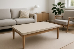 Salon minimalistyczny z beżowym stolikiem z konglomeratu Metropolis Beige, jasną sofą i drewnianą komodą w stylu japandi.