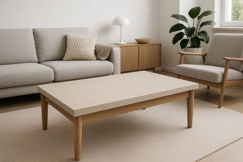 Salon minimalistyczny z beżowym stolikiem z konglomeratu Metropolis Beige, jasną sofą i drewnianą komodą w stylu japandi.