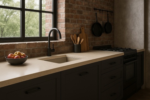Kuchnia industrialna z beżowym blatem Metropolis Beige, ceglaną ścianą, czarną armaturą i ciemnymi frontami szafek.