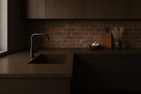 Kuchnia industrialna z ciemnobrązowym blatem Metropolis Brown, ceglaną ścianą i matowoczarną armaturą.