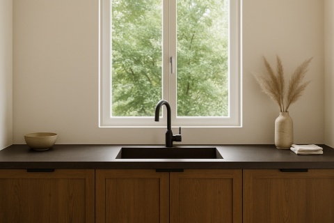 Jasna kuchnia z ciemnobrązowym blatem Metropolis Brown, drewnianymi frontami i oknem z widokiem na zieleń.