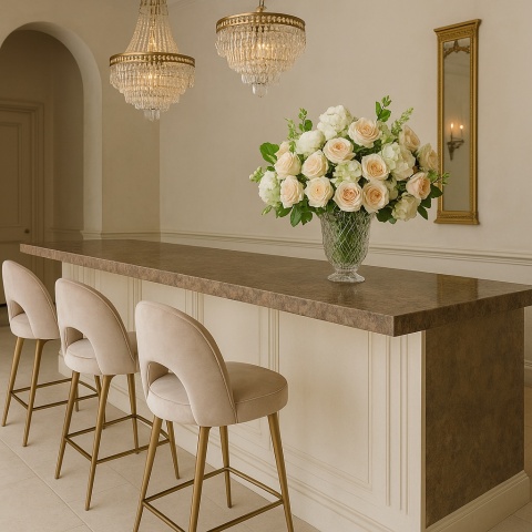 Blat z konglomeratu Metropolis Copper w eleganckim wnętrzu glamour z kryształowymi żyrandolami i welurowymi hokeram