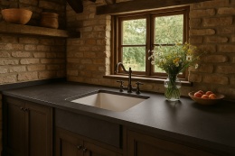 Rustykalna kuchnia z ciemnym blatem Metropolis Galaxy, ceglaną ścianą, drewnianą stolarką i ziołami na parapecie.