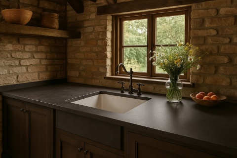 Rustykalna kuchnia z ciemnym blatem Metropolis Galaxy, ceglaną ścianą, drewnianą stolarką i ziołami na parapecie.