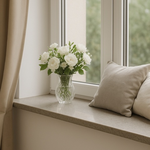 Parapet z konglomeratu Metropolis Grey, bukiet białych kwiatów w kryształowym wazonie i jasne poduszki przy oknie.