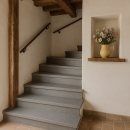 Schody z konglomeratu Metropolis Grey w rustykalnym wnętrzu z drewnianymi belkami, białymi ścianami i kwiatami