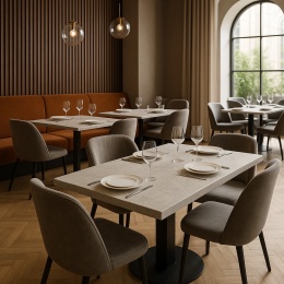 Ekskluzywna restauracja hotelowa z stołami z konglomeratu, nowoczesne oświetlenie i eleganckie wnętrze w stonowanej kolorystyce.