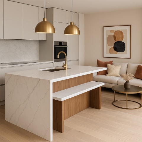 Nowoczesna kuchnia z wyspą w konglomeracie, płynnie przechodzącą w salon z eleganckim wystrojem