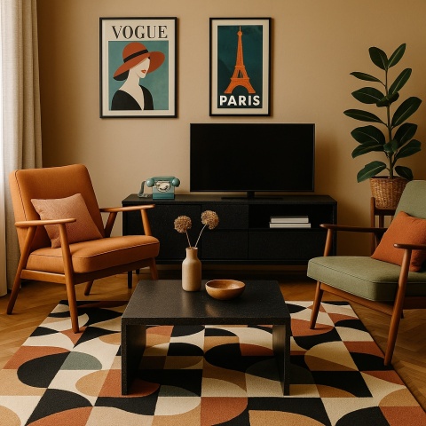 Salon retro z meblami wykończonymi Santamargherita Nero, geometryczny dywan, plakaty vintage, fotele, roślina w donicy