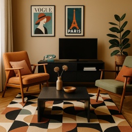 Salon retro z meblami wykończonymi Santamargherita Nero, geometryczny dywan, plakaty vintage, fotele, roślina w donicy.