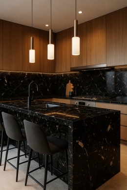 Konglomerat marmurowy Nero Portoro w czarnej bazie z białymi i złotymi żyłami, polerowana powierzchnia