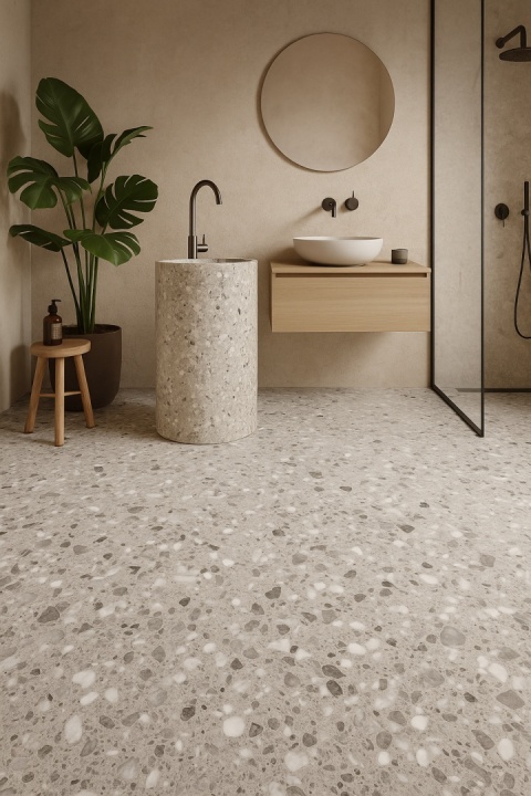 Konglomerat marmurowy w odcieniach szarości z białymi i grafitowymi wstawkami, inspirowany stylem terrazzo.