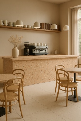 Wnętrze jasnej kawiarni z blatami i elementami wykończonymi konglomeratem Santamargherita Palazzo Foscari.