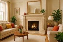 Klasyczny salon z kominkiem wykończonym w konglomeracie marmurowym Perlato Royal, jasnymi meblami, roślinami