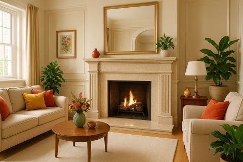 Klasyczny salon z kominkiem wykończonym w konglomeracie marmurowym Perlato Royal, jasnymi meblami, roślinami