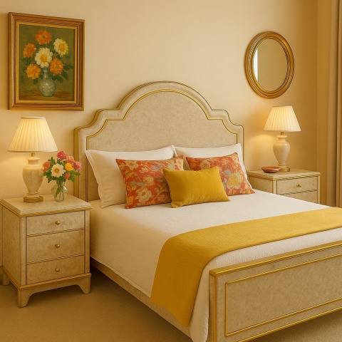 Klasyczna sypialnia z meblami wykończonymi konglomeratem Perlato Royal, złotymi detalami i kolorowymi poduszkami.