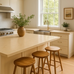 Jasna, przestronna łazienka z elementami z konglomeratu kwarcowego Santamargherita Rodi, w eleganckim stylu.