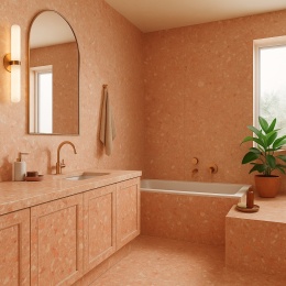 Łazienka z okładziną z konglomeratu marmurowego Rosa Del Garda, złotymi dodatkami i roślinnymi akcentami.