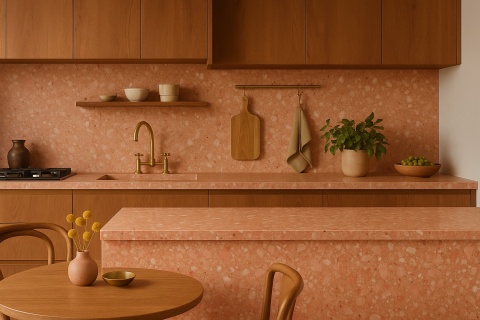 Kuchnia z blatami i okładziną z konglomeratu marmurowego Rosa Del Garda, drewnianymi szafkami i złotymi dodatkami.