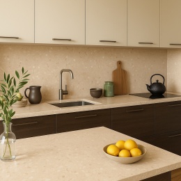 Nowoczesna kuchnia z blatami w różowym konglomeracie Rosa Perlino, harmonijnie połączona z eleganckimi dodatkami