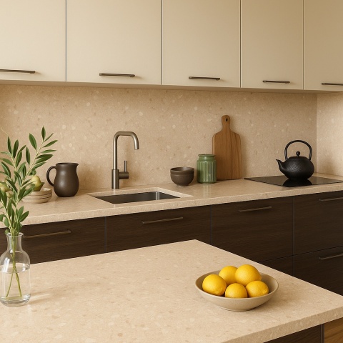 Nowoczesna kuchnia z blatami w różowym konglomeracie Rosa Perlino, harmonijnie połączona z eleganckimi dodatkami