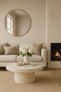 Nowoczesna jadalnia z dużym stołem z blatem z konglomeratu Sabbia Beige, w otoczeniu krzeseł i roślin.