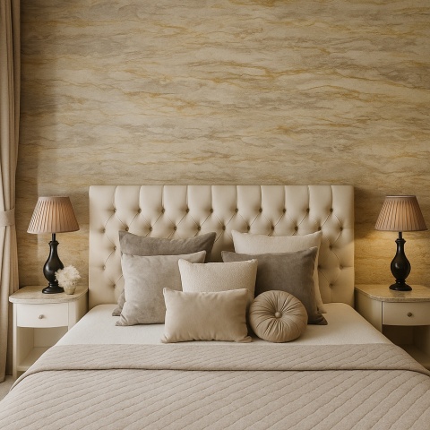 Luksusowa sypialnia w stylu glamour z konglomeratem Sand Dunes na ścianie, blatach stolików i parapecie