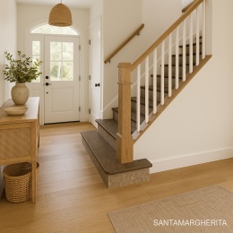 Przedpokój w domu jednorodzinnym z jasnymi schodami wykończonymi spiekiem Santamargherita Sequoia Bark