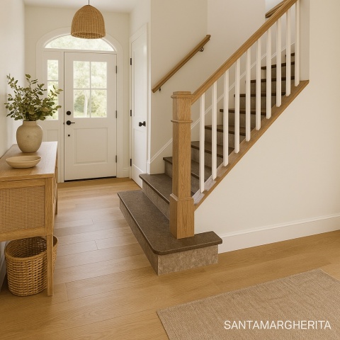 Przedpokój w domu jednorodzinnym z jasnymi schodami wykończonymi spiekiem Santamargherita Sequoia Bark