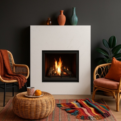 Kominek z okładziną z konglomeratu Tramontana na tle ciemnych, nastrojowych ścian, w eleganckim, nowoczesnym salonie