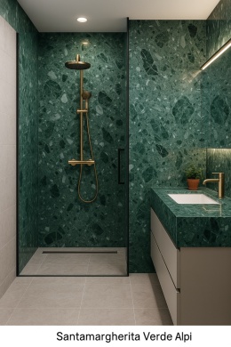 Luksusowy konglomerat marmurowy Santamargherita Verde Alpi w głębokim zielonym odcieniu z białymi i czarnymi żyłami.