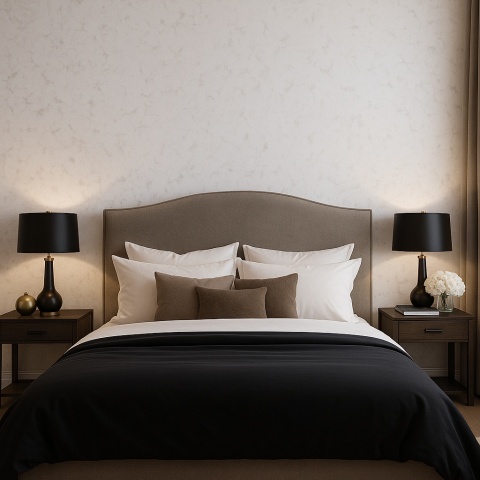 Sypialnia glamour z dekoracyjną ścianą wykończoną konglomeratem Vermont i kontrastową pościelą