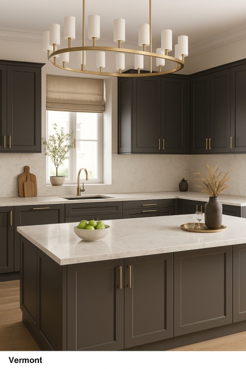 Nowoczesna kuchnia w stylu glamour z blatami Santamargherita Vermont i złotymi dodatkami.