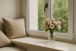 Parapet z konglomeratu Virginia z bukietem róż w kryształowym wazonie, jasnymi poduszkami i oknem z widokiem na zieleń.